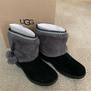 UGG Brie Waterproof Suede Boots Black w/ Pom Poms Women’s size 11